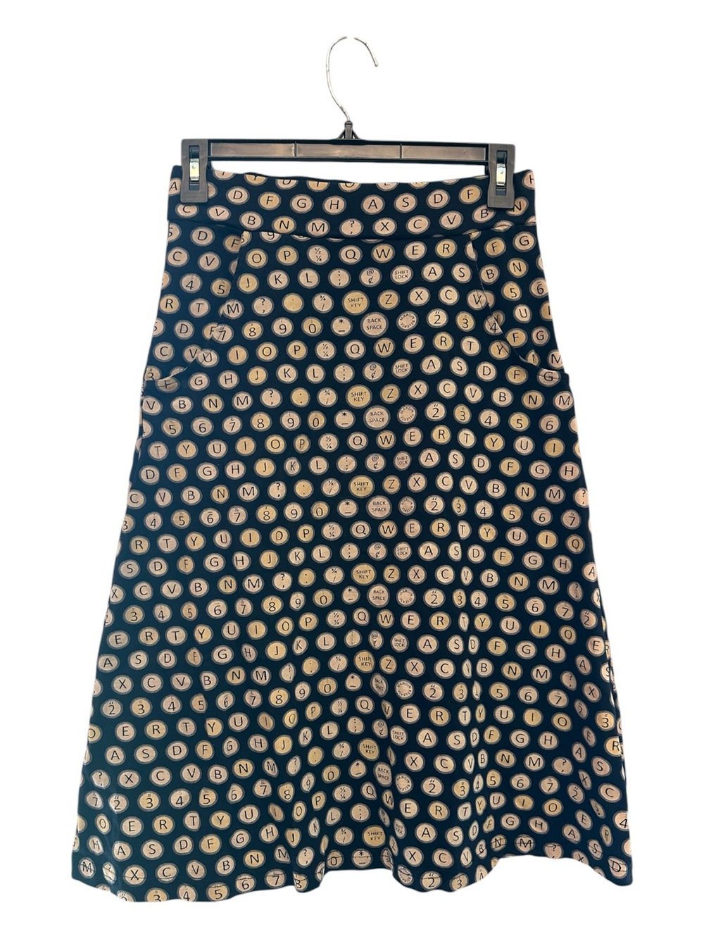 Svaha 100% Black Cotton Midi A-Line Skirt with Beige Typewriter Key Print XS
